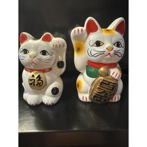 2 VTG Japanese Cat Sculpture Beckoning Lucky Cat Piggy Bank Maneki Neko 4" & 5"